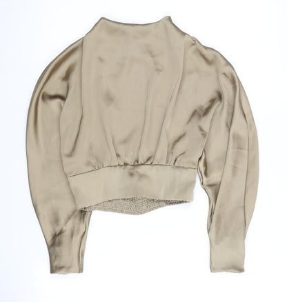 Zara Women's Beige High Neck Balloon Sleeve Blouse