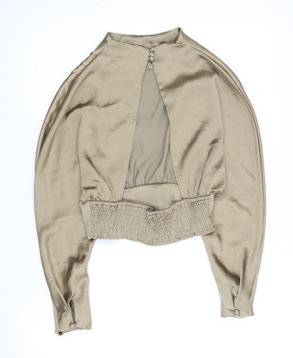Zara Women's Beige High Neck Balloon Sleeve Blouse