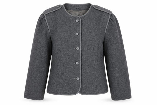 Front view of C&A Women's Grey Blazer, size 12, Wool Blend, Five-Button