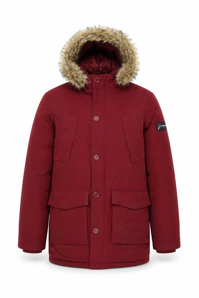 Front view of Just Hype unisex red parka jacket, size S, winter style