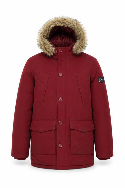 Front view of Just Hype unisex red parka jacket, size S, winter style