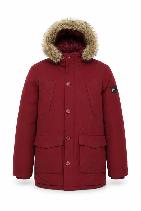 Front view of Just Hype unisex red parka jacket, size S, winter style