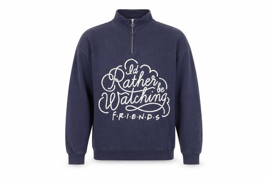 Front view of F.R.I.E.N.D.S Blue unisex sweatshirt, size L, 1/4 zip