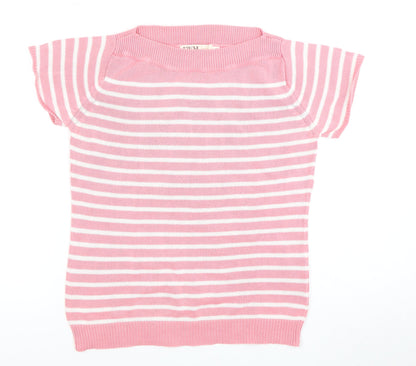 EWM Women's Pink Striped Jersey Top, S, Crew Neck, Short Sleeve