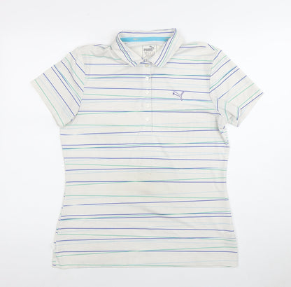 Puma Men's White Striped Polo Shirt M - Short Sleeve