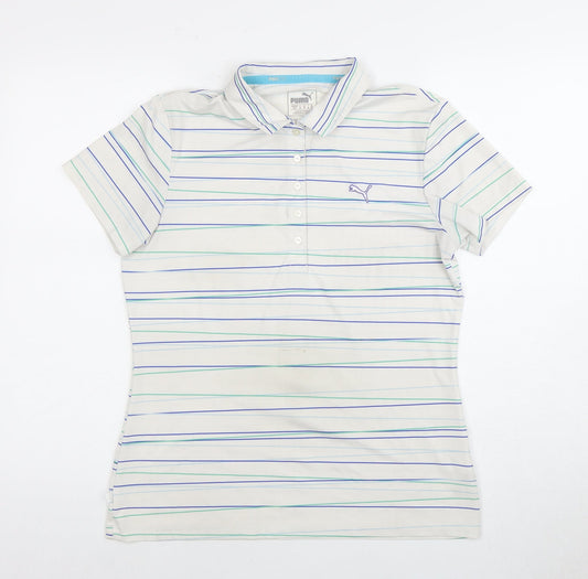 Puma Men's White Striped Polo Shirt M - Short Sleeve