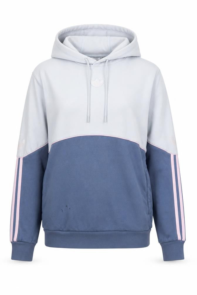 Front view of Adidas unisex blue pullover hoodie, size M, colourblock