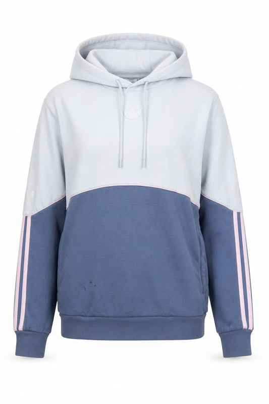 Front view of Adidas unisex blue pullover hoodie, size M, colourblock