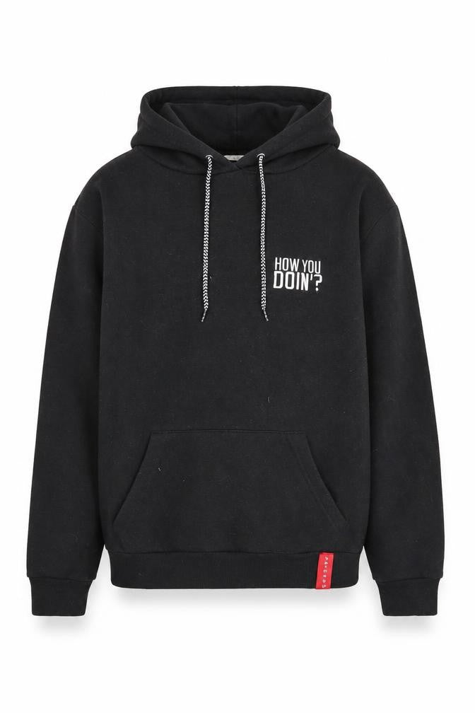 Front view of FRIENDS Black unisex hoodie m pullover graphic print