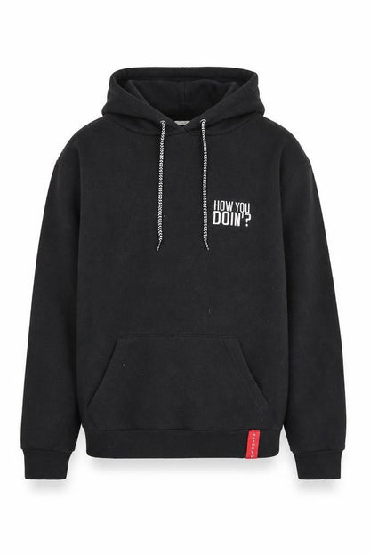 Front view of FRIENDS Black unisex hoodie m pullover graphic print