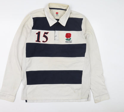 England Men's Beige Rugby Polo L Striped Long Sleeve