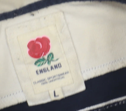 England Men's Beige Rugby Polo L Striped Long Sleeve