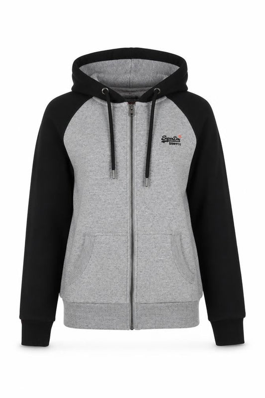 Front view of Superdry XS Grey Black Full Zip unisex hoodie