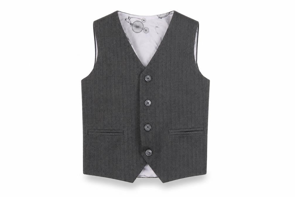 Front view of Paisley boys’ grey waistcoat 7 years herringbone formal