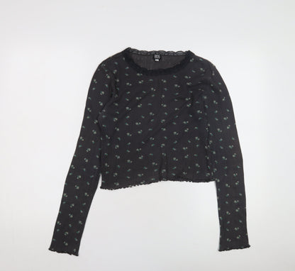 BDG Women's Black Floral Crew Neck Top, Size L, Lace Accent