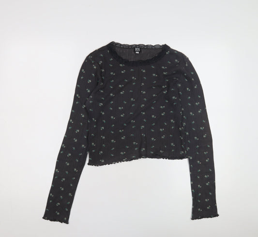 BDG Women's Black Floral Crew Neck Top, Size L, Lace Accent