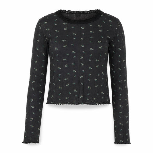 Front view of BDG Women's Black Floral Crew Neck Top, size L, Lace Accent