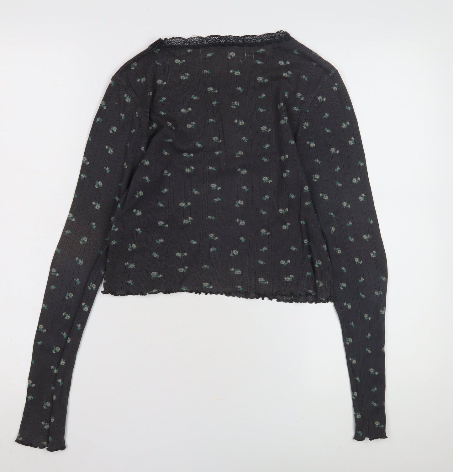 BDG Women's Black Floral Crew Neck Top, Size L, Lace Accent