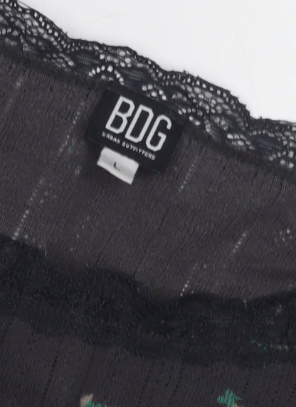 BDG Women's Black Floral Crew Neck Top, Size L, Lace Accent