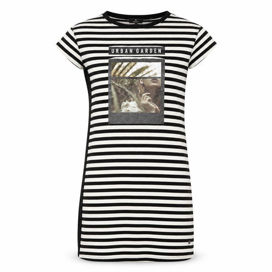 Front view of Monari Women's Black Striped T-Shirt Dress, size 8