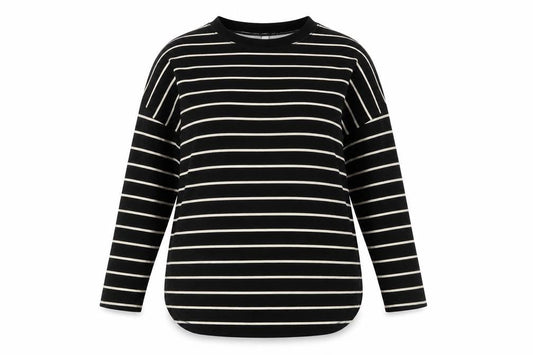 Front view of AND/OR Women's Black Striped T-Shirt, size 8