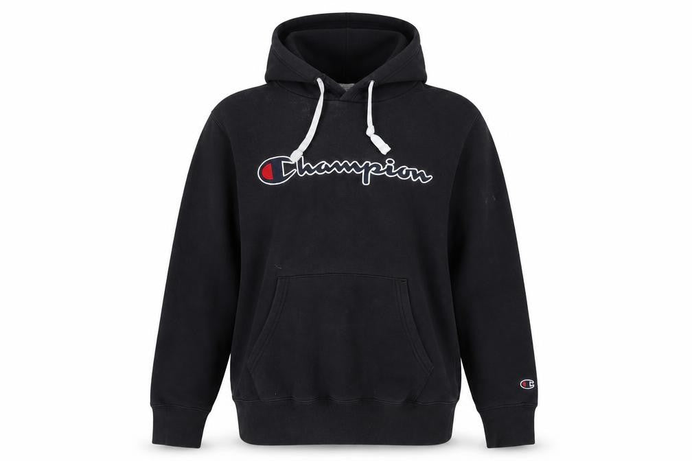 Front view of Champion unisex black hoodie, m, regular fit, logo