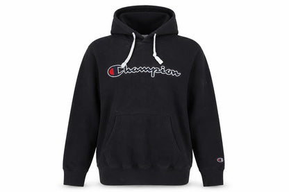 Front view of Champion unisex black hoodie, m, regular fit, logo