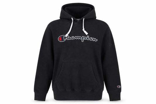 Front view of Champion unisex black hoodie, m, regular fit, logo