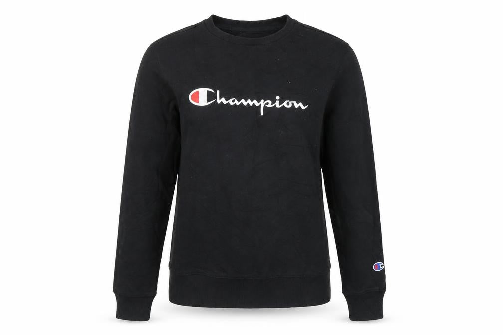Front view of Champion Black Pullover Sweatshirt, unisex, lightweight, l