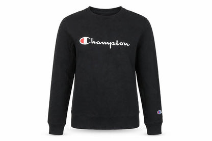 Front view of Champion Black Pullover Sweatshirt, unisex, lightweight, l