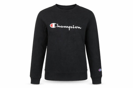 Front view of Champion Black Pullover Sweatshirt, unisex, lightweight, l