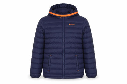 Front view of Mountain Warehouse boys’ blue puffer jacket 13 yrs with hood