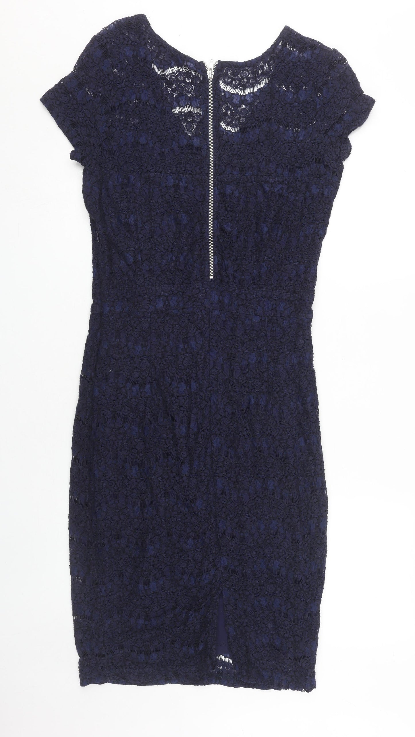 Minus Women's Blue Sheath Lace Dress Size 10 Short Sleeve
