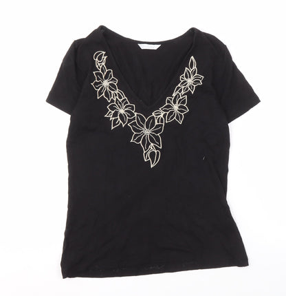 Berketex Women's Black V-Neck Embroidered T-Shirt - Size 12