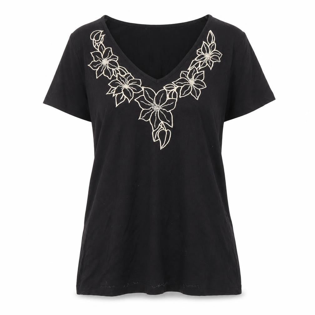 Berketex Women's Black V-Neck Embroidered T-Shirt - Size 12