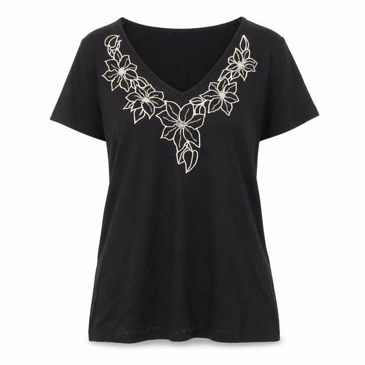 Berketex Women's Black V-Neck Embroidered T-Shirt - Size 12