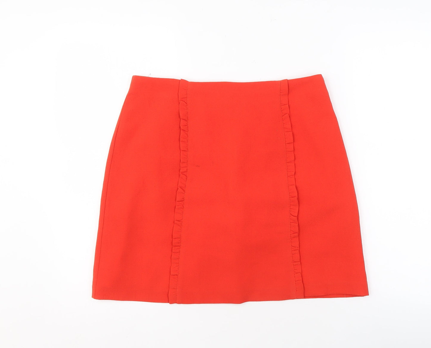 Oasis Women's Red Pencil Skirt Size 10 Ruffle Accent
