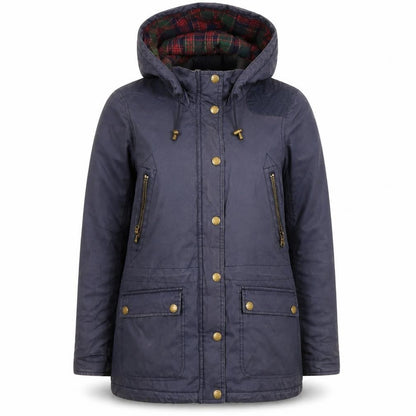 Front view of L.O.G.G Women's Blue Mid-Length Hooded Parka Jacket