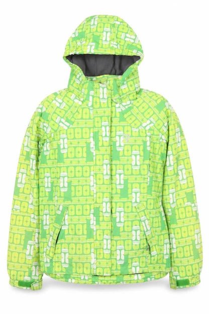 Front view of girls’ green ski jacket, size 12, winter breathable outerwear