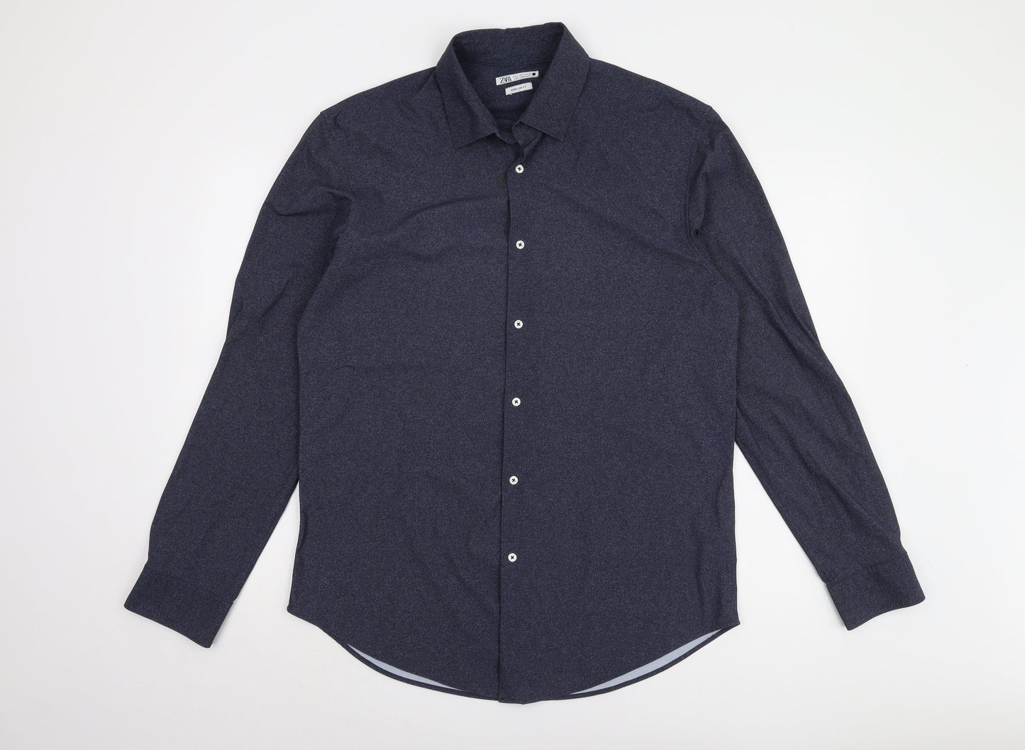Zara Men's Blue Regular Fit Long Sleeve Shirt L