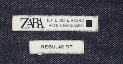 Zara Men's Blue Regular Fit Long Sleeve Shirt L