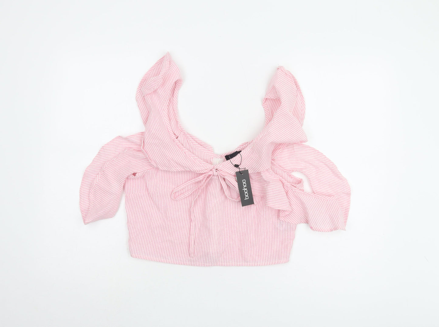 Boohoo Women's Pink Striped Cropped Blouse - Size 12