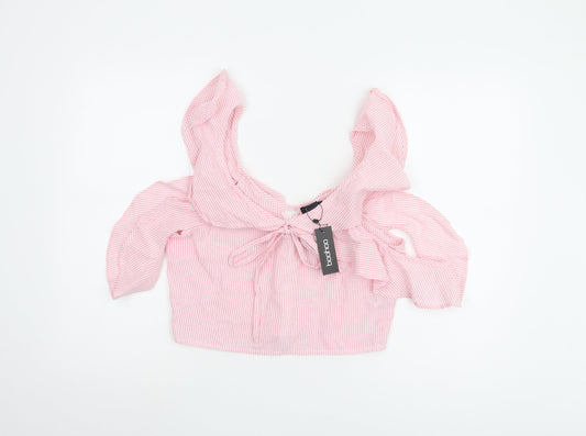 Boohoo Women's Pink Striped Cropped Blouse - Size 12