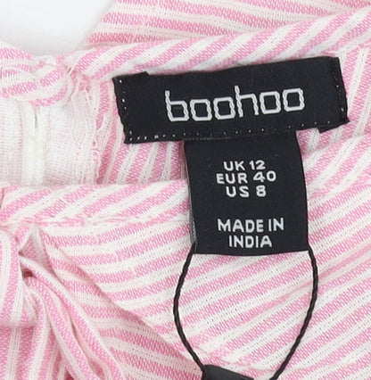 Boohoo Women's Pink Striped Cropped Blouse - Size 12