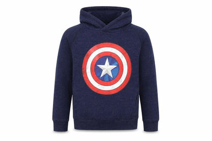 Front view of Marvel boys’ blue superhero pullover hoodie 8 years