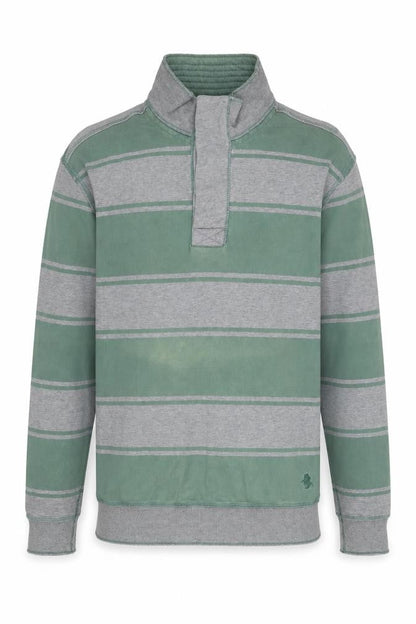 Front view of St George Duffer Men's Green Striped Henley Sweatshirt L