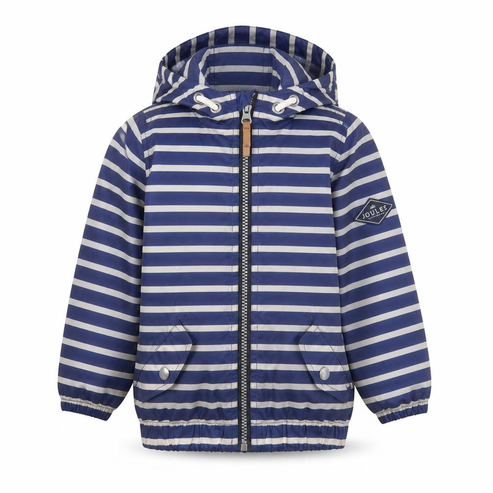 Front view of Joules girls’ blue striped rain coat 3 years