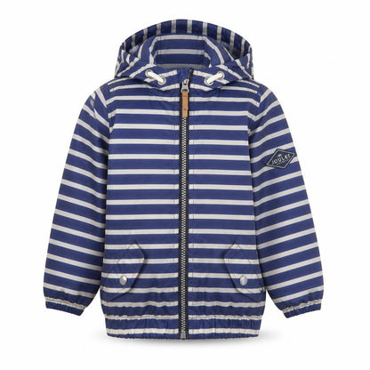 Front view of Joules girls’ blue striped rain coat 3 years
