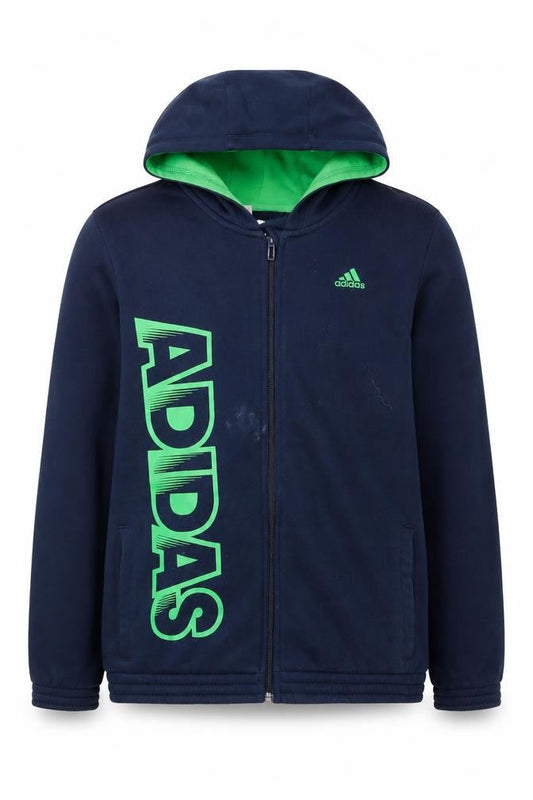 Front view of Adidas boys’' blue full zip hoodie, age 13-14, casual wear