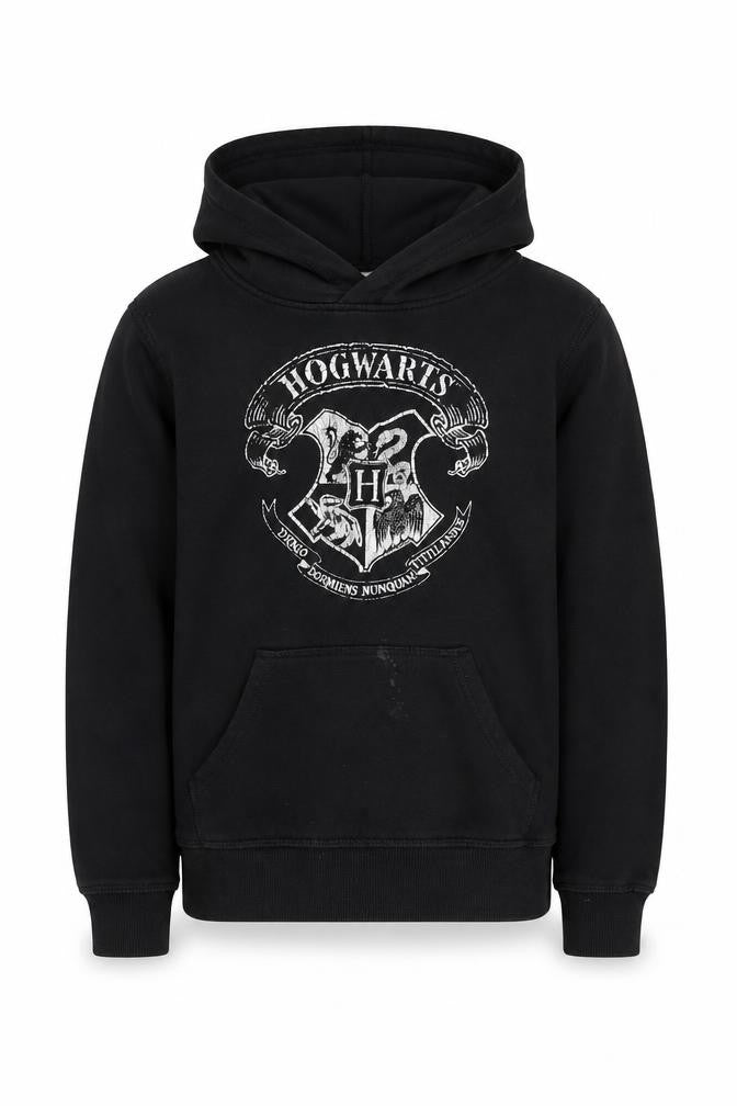 Front view of H&M boys’ black hogwarts hoodie pullover, size 11, years